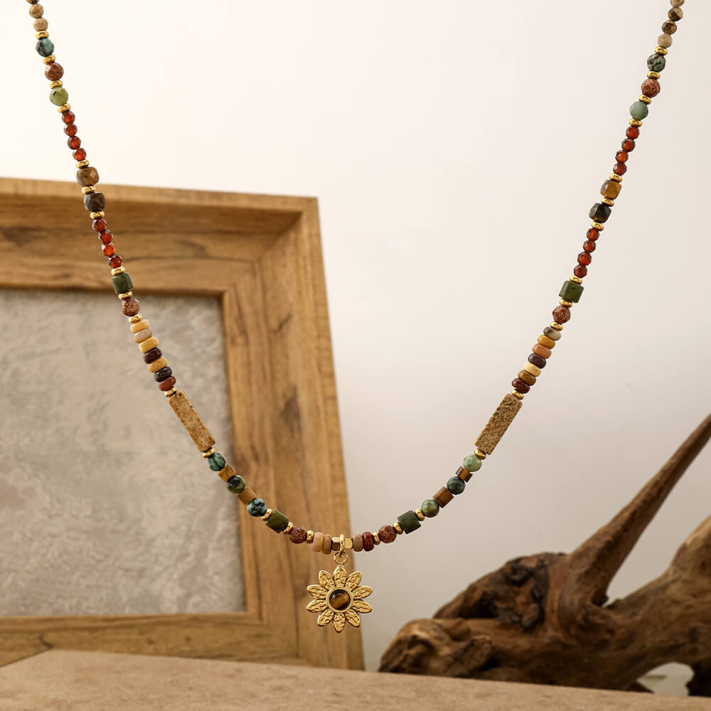 Natural Stone Beaded Sunflower Pendant Choker Necklace - Earthy Tones & Dainty Charm