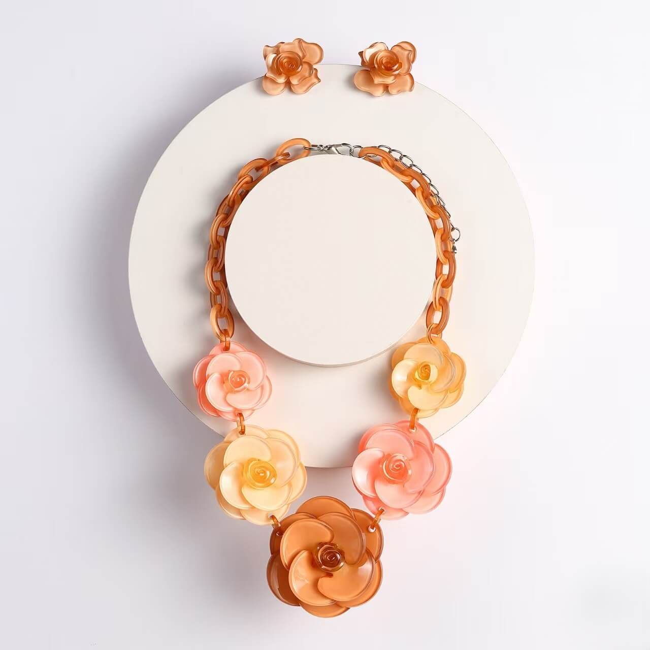 Retro Honey Amber Acrylic Flower Statement Set - Chunky Floral Necklace & Earrings