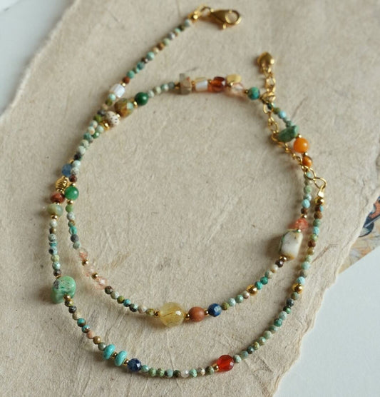 Vintage Raw Turquoise Multi-Gemstone Choker - Natural Mixed Stone Summer Clavicle Necklace