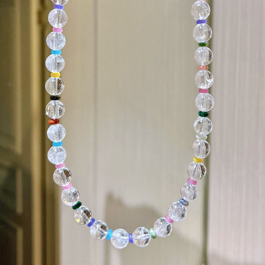 Natural Clear Quartz Rainbow Spacer Bead Adjustable Choker Necklace