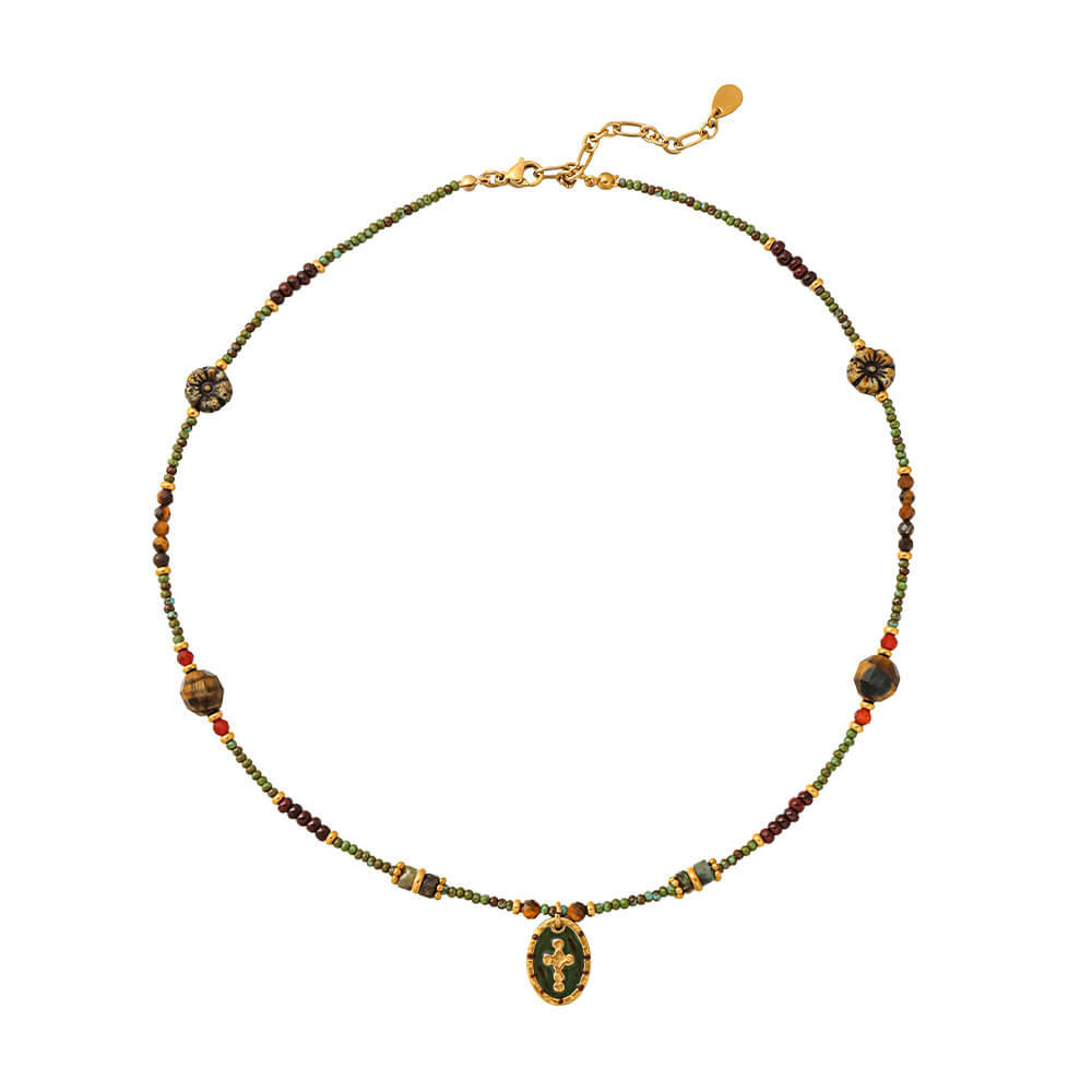 Vintage-Style Natural Stone Necklace with Cross Pendant