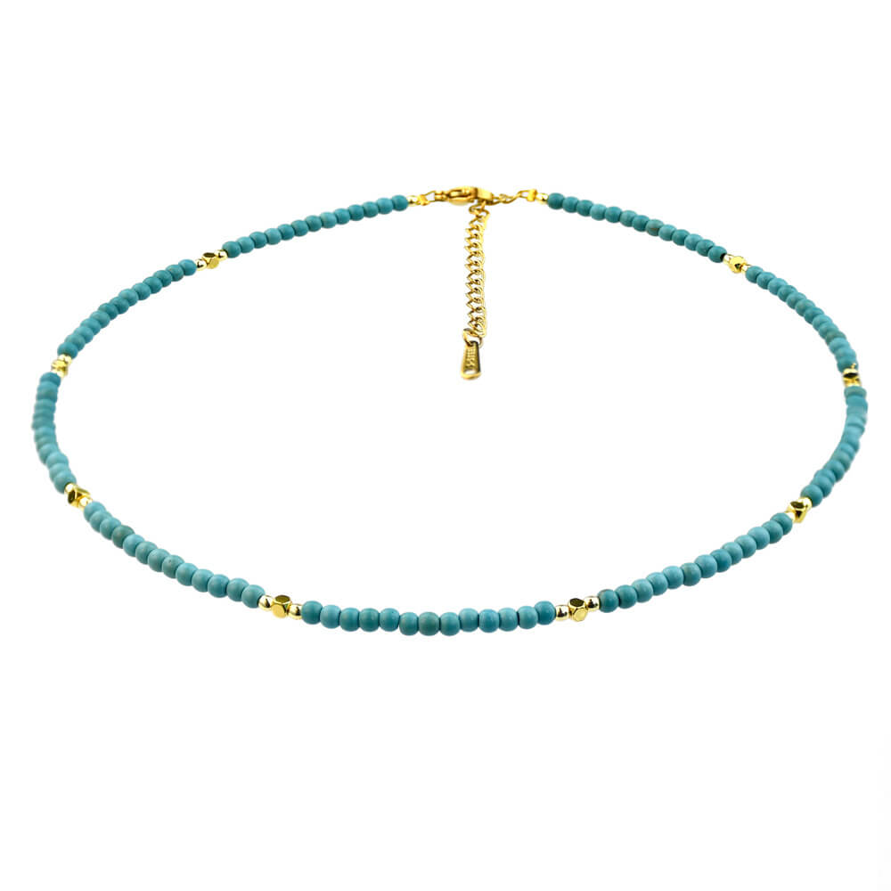 Minimalist Turquoise Beaded Choker - Gold Spacer Summer Clavicle Necklace