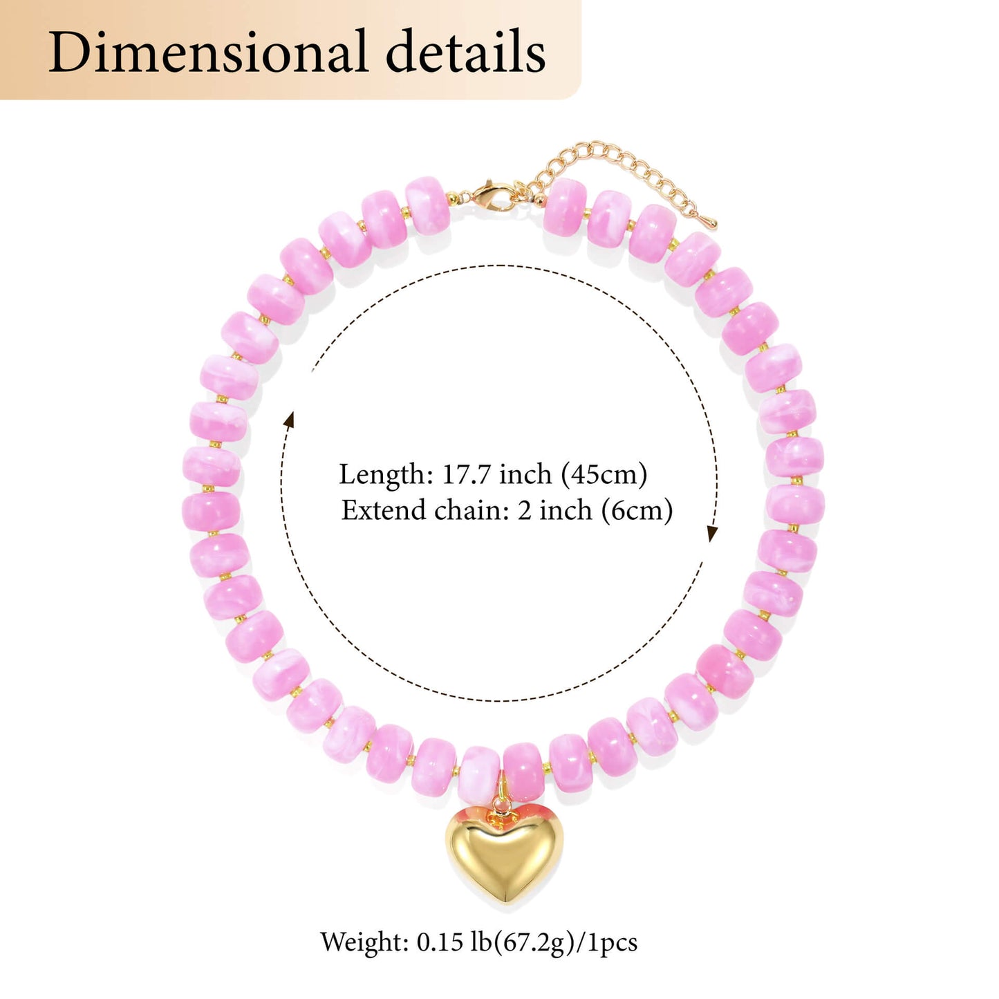 Pink Marbled Acrylic Beaded Necklace with Gold Heart Pendant