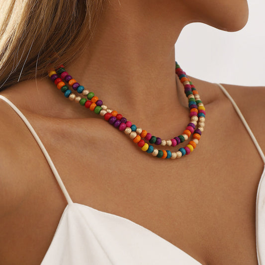Bohemian Rainbow Wood Bead Choker - Summer Multi-Color Natural Wooden Bead Necklace