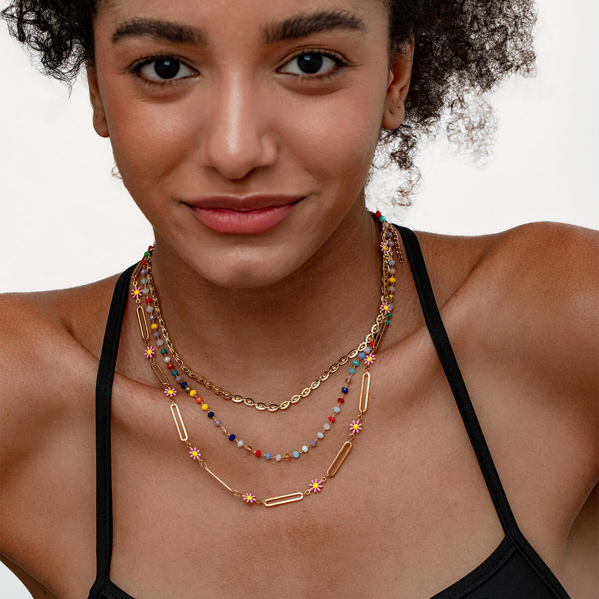 Multi-Layer Colorful Beaded Choker Necklace | Gold-Tone Chain with Daisy & Resin Beads for Sweet Retro Vibes