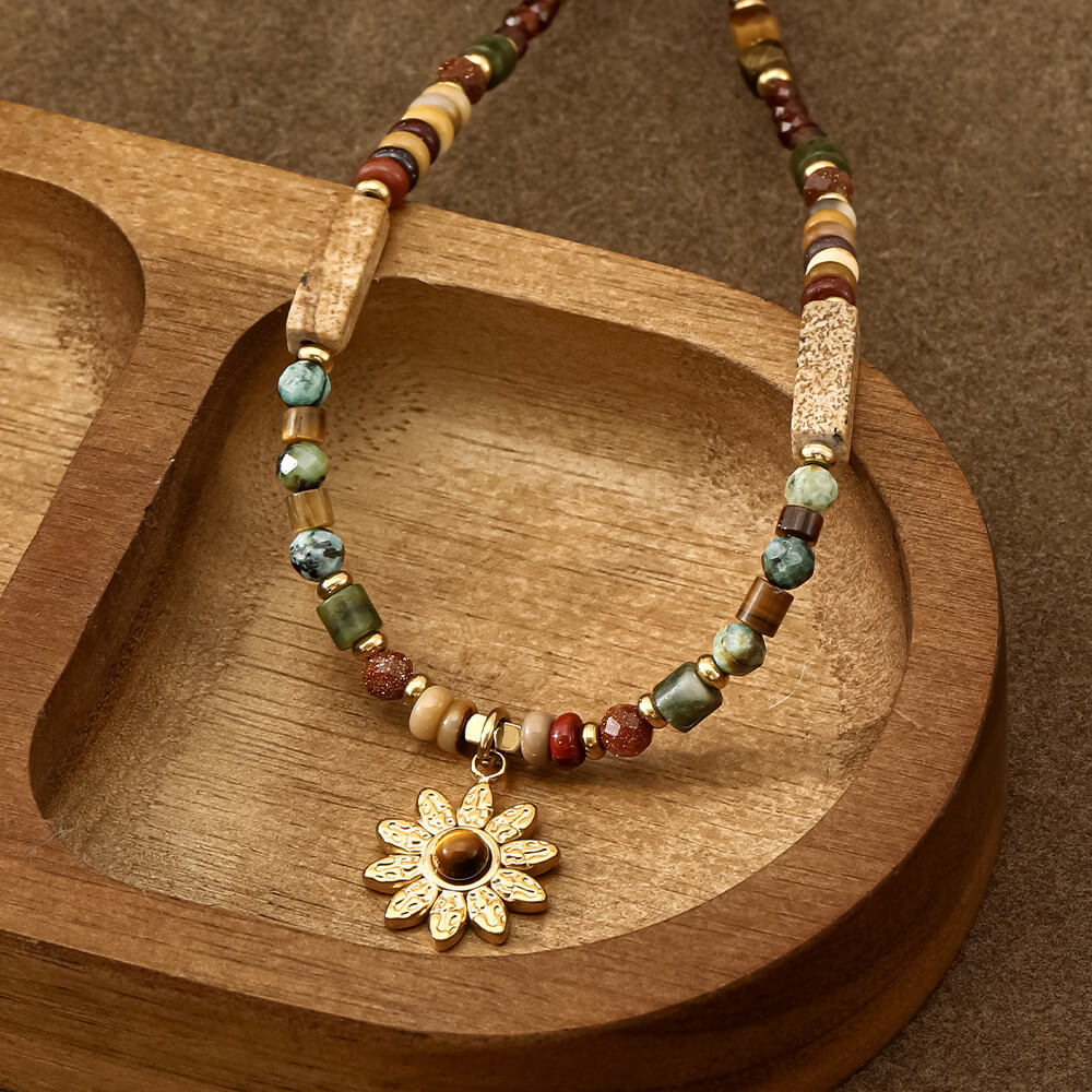 Natural Stone Beaded Sunflower Pendant Choker Necklace - Earthy Tones & Dainty Charm