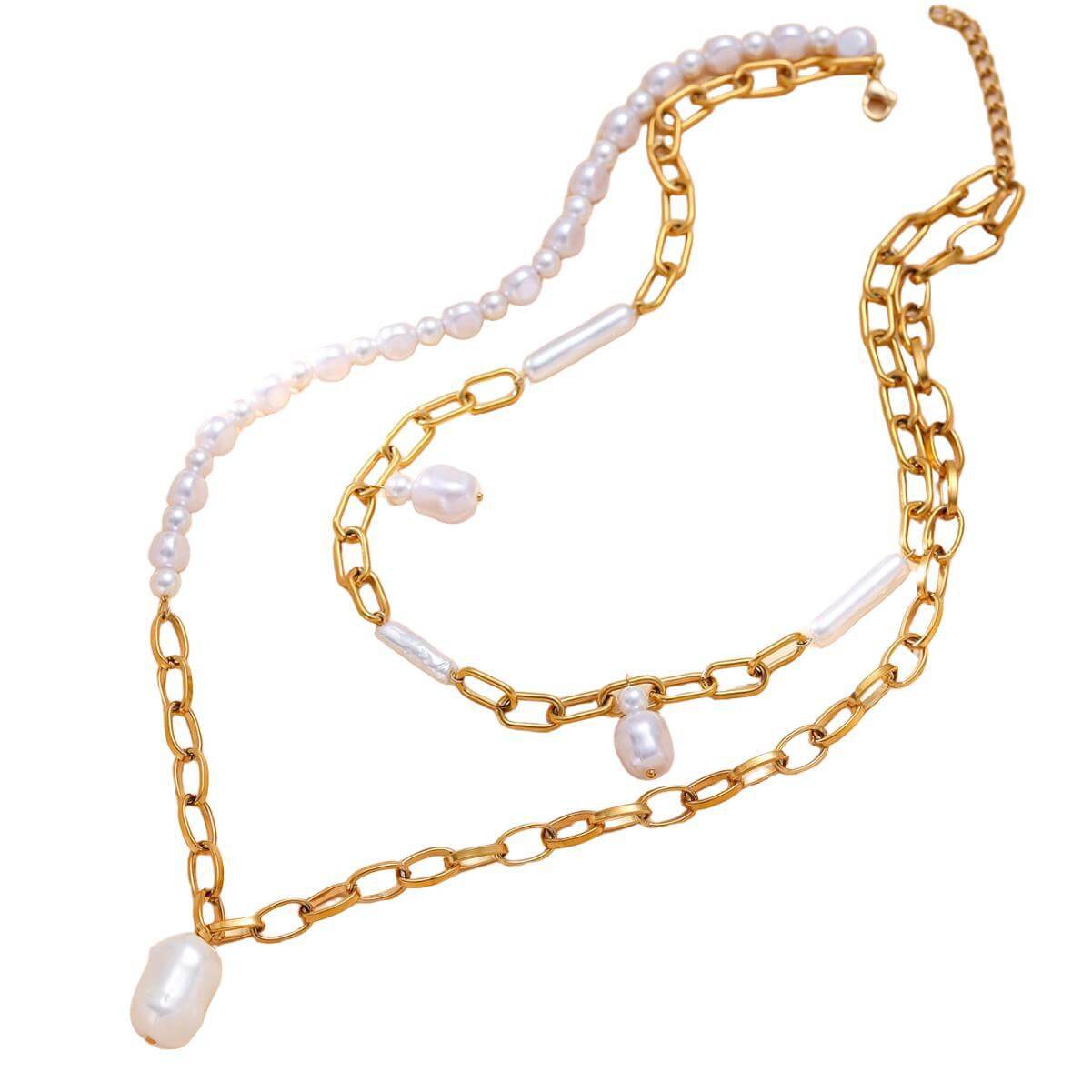 Elegant Double-Layered Necklace Irregular Baroque Pearl & Gold Chain