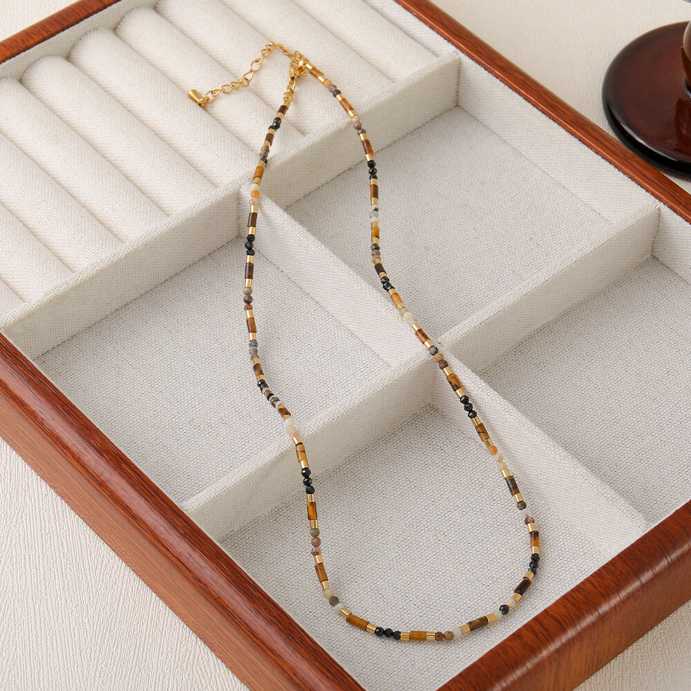 Vintage Tiger's Eye & Black Tourmaline Handmade Beaded Choker Necklace