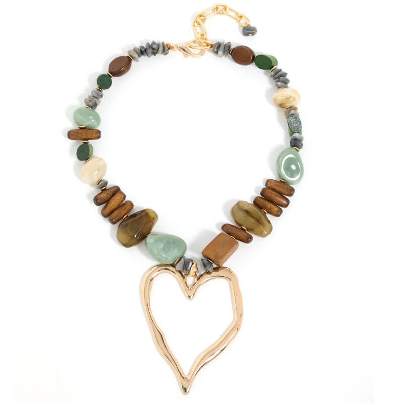Bohemian Mixed Stone & Natural Wood Beaded Necklace - Oversized Hollow Gold Heart Pendant Statement Choker