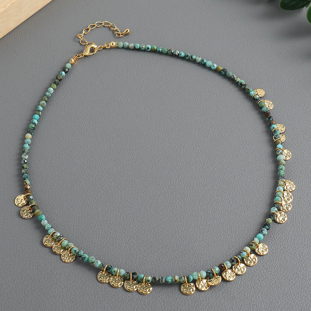 Vintage Natural Stone Choker – Gold Coin Tassel Beaded Necklace, Boho-Chic Gypsy Clavicle Chain