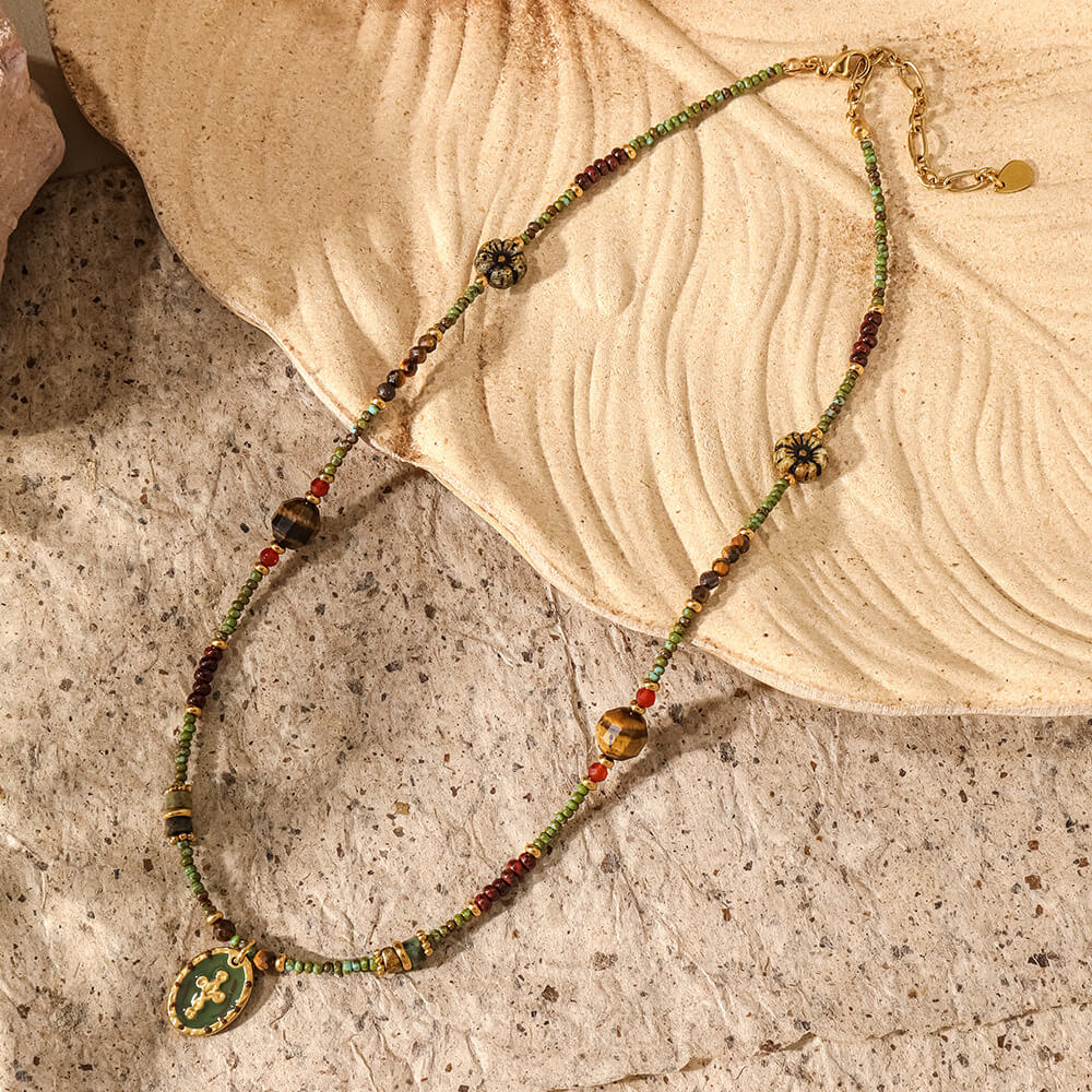 Vintage-Style Natural Stone Necklace with Cross Pendant