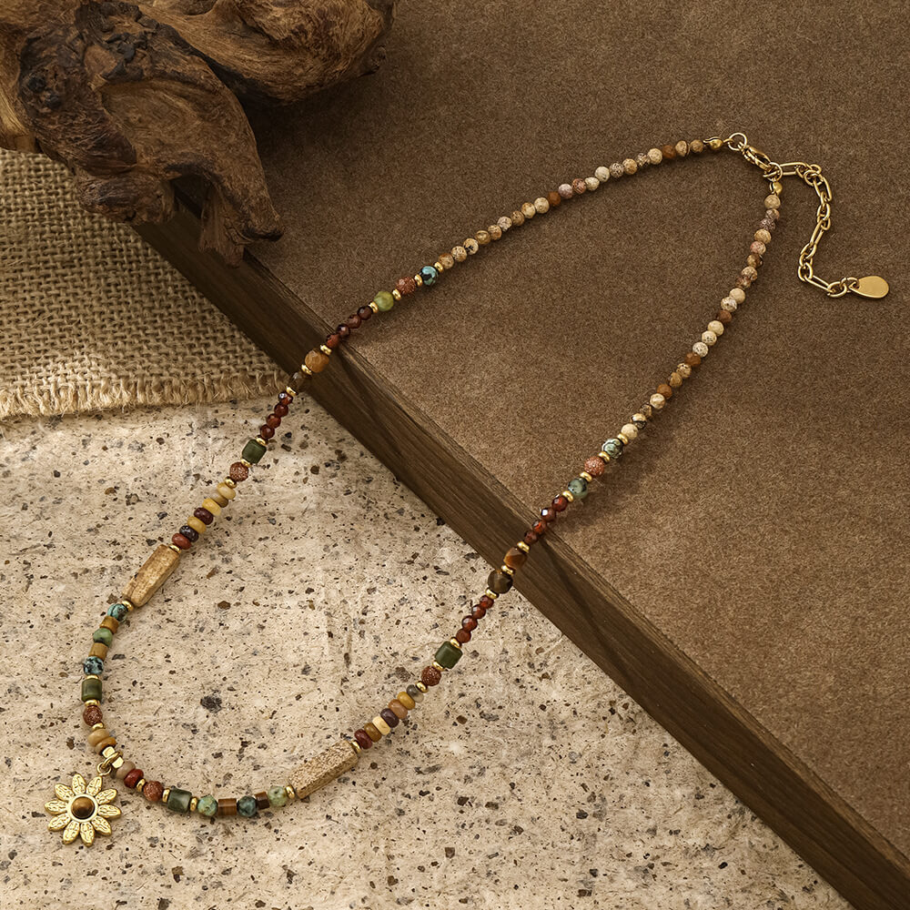 Natural Stone Beaded Sunflower Pendant Choker Necklace - Earthy Tones & Dainty Charm