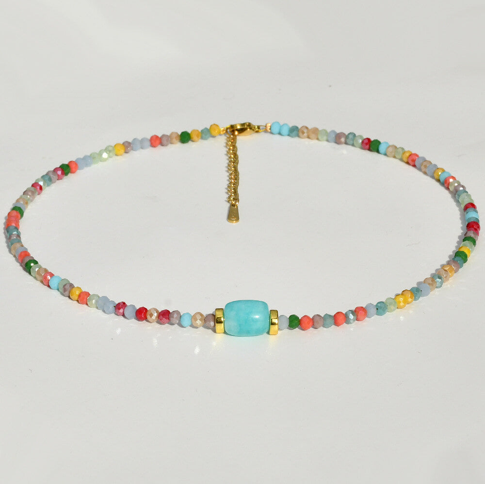 Rainbow Summer Natural Stone Choker – Vibrant Multi-Color Beaded Necklace , Gold Tone Clavicle Chain