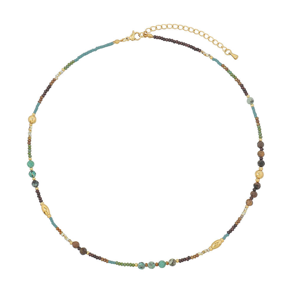 Vintage Boho Mixed Gemstone Choker – Natural Stone Necklace, Artisanal Clavicle Chain with Gold Accents