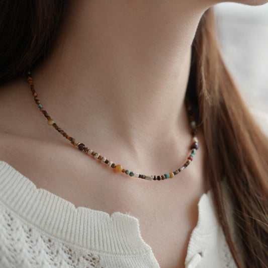 Delicate Vintage Tiger's Eye & Multi-Color Natural Stone Choker - Premium Beaded Clavicle Chain