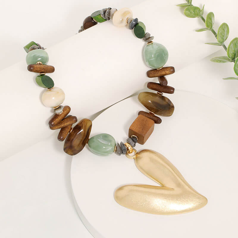 Bohemian Earth-Tone Beaded Necklace - Chunky Solid Matte Gold Heart Pendant Statement Choker with Natural Stone & Wood