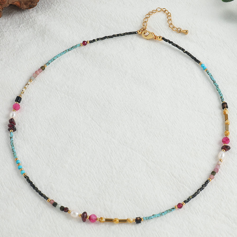Vintage Fine Beaded Natural Stone Choker – Multi-Gemstone Necklace, Dainty Colorful Boho Clavicle Chain