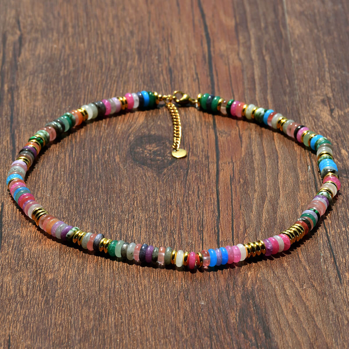 Natural Multicolor Gemstone Beaded Choker Necklace with 18K Gold-Plated Accents