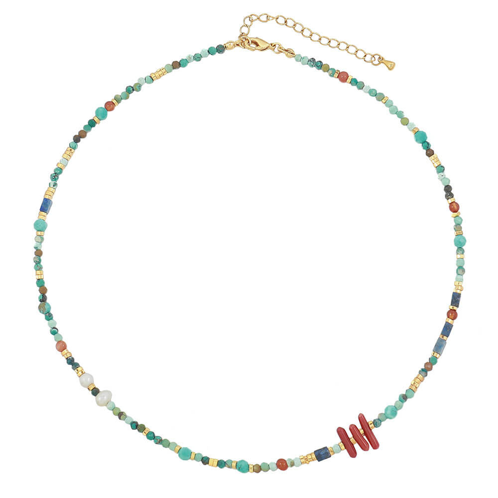 Turquoise & Red Coral Beaded Choker Natural Stone Necklace