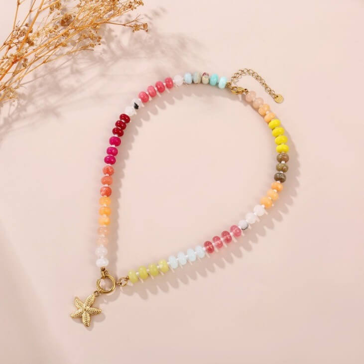 Rainbow Natural Stone Starfish Choker - Waterproof Stainless Steel Summer Necklace - Detachable Charm