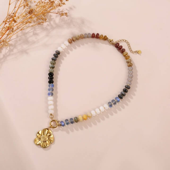 Earth Tone Natural Stone Beaded Choker - Detachable Gold Flower Pendant - Summer Necklace