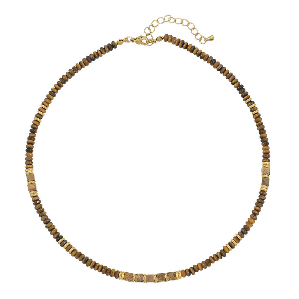 Natural Tiger's Eye & Picture Jasper Beaded Choker Necklace