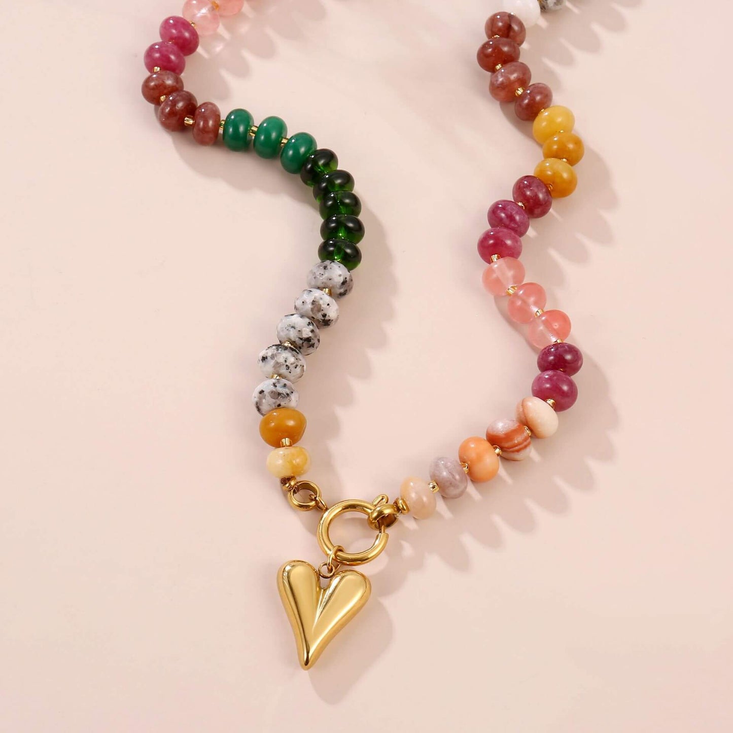Rainbow Natural Stone Beaded Choker - Detachable Gold Heart Pendant