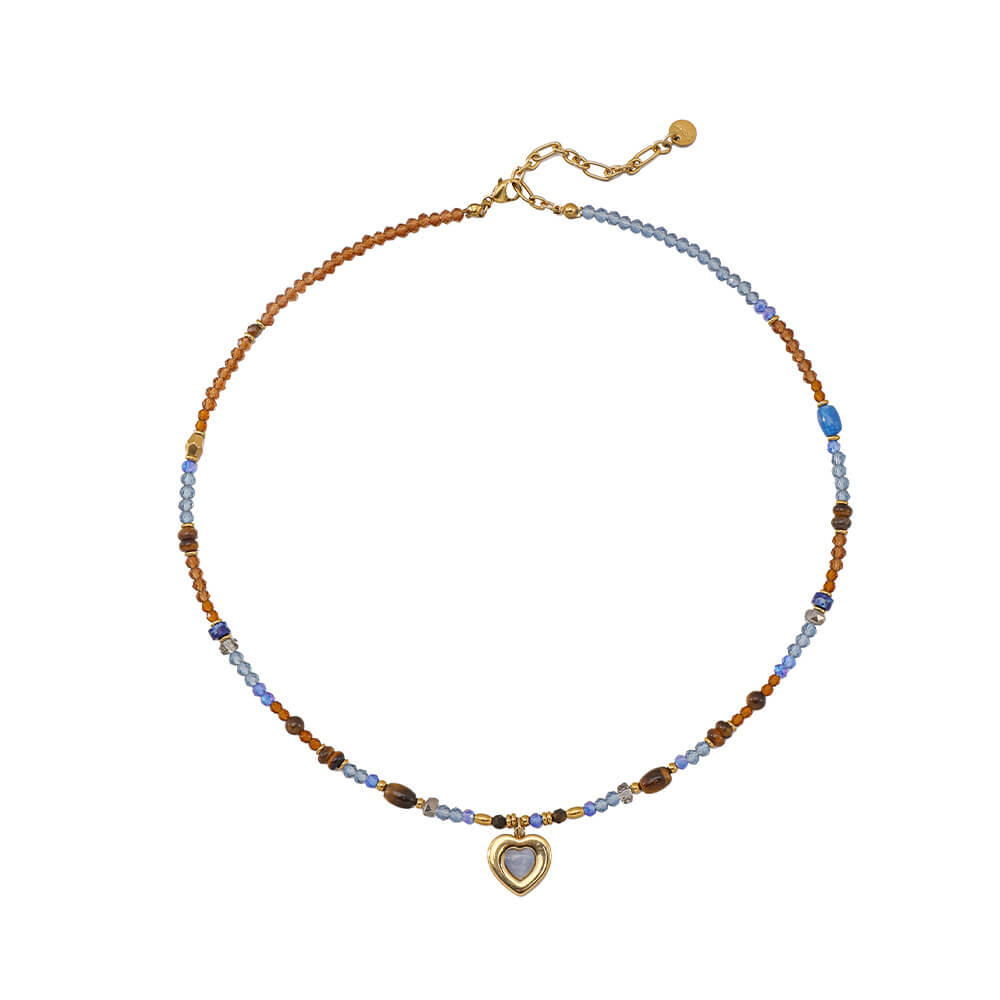 Natural Stone Beaded Choker Necklace with Heart Pendant