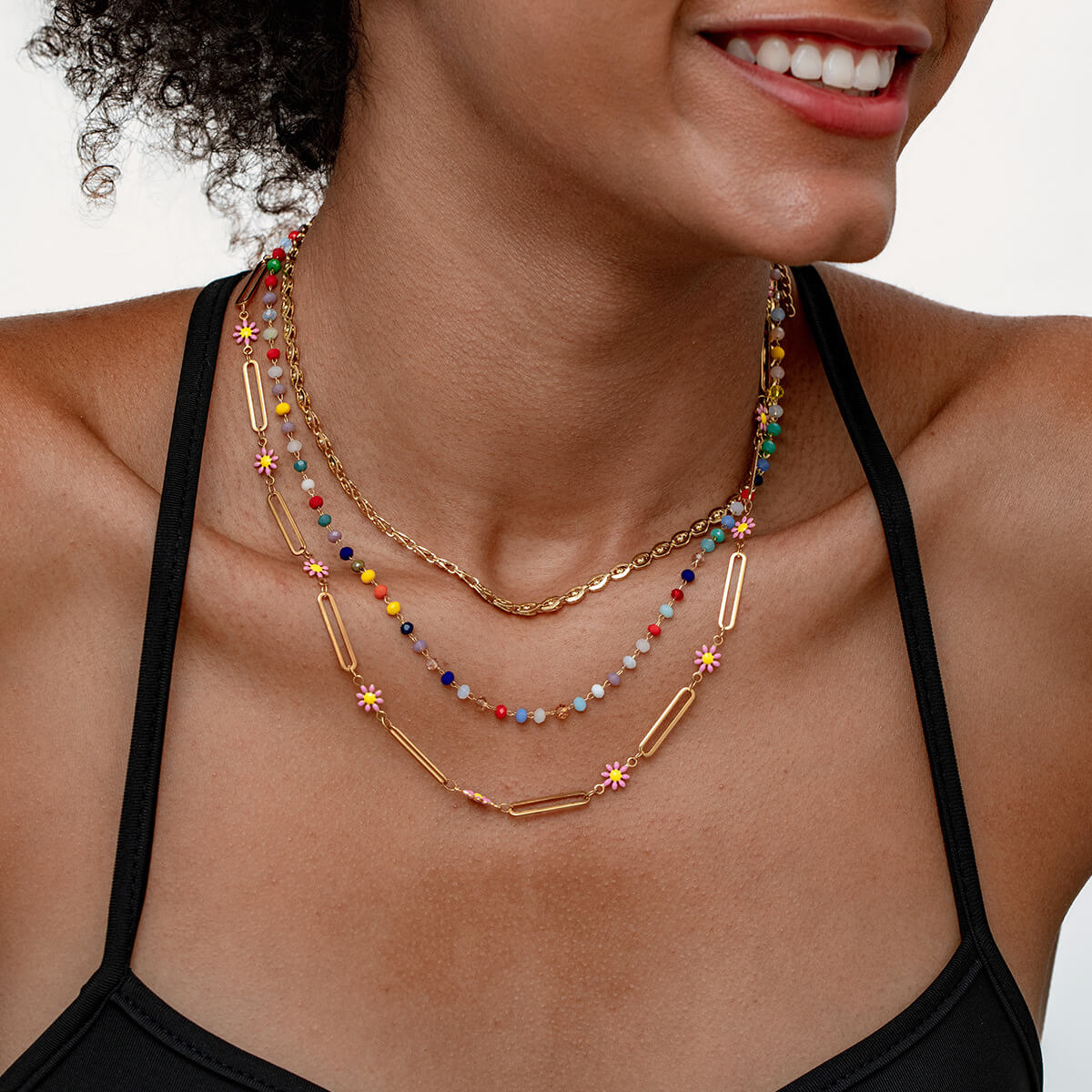 Multi-Layer Colorful Beaded Choker Necklace | Gold-Tone Chain with Daisy & Resin Beads for Sweet Retro Vibes