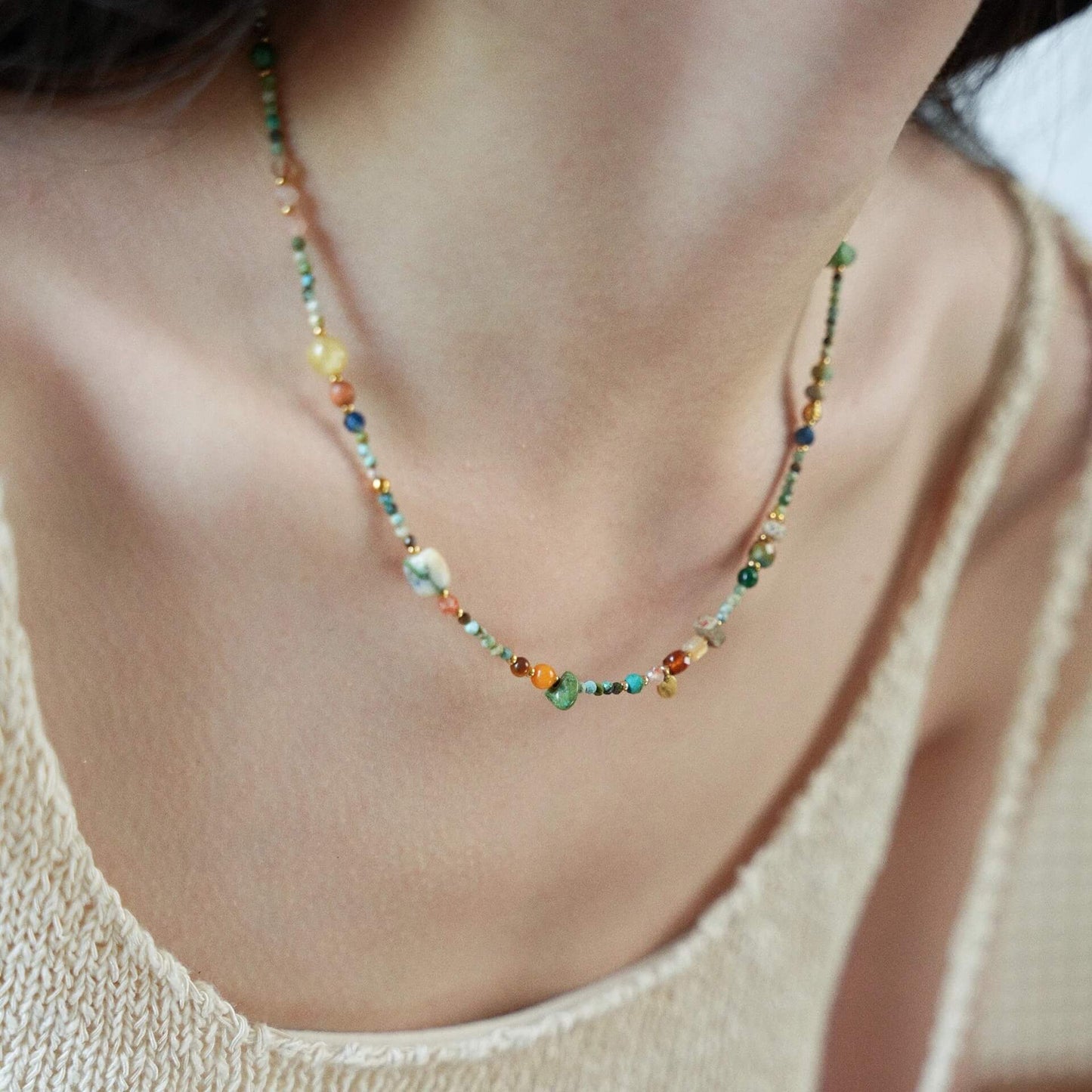 Vintage Raw Turquoise Multi-Gemstone Choker - Natural Mixed Stone Summer Clavicle Necklace
