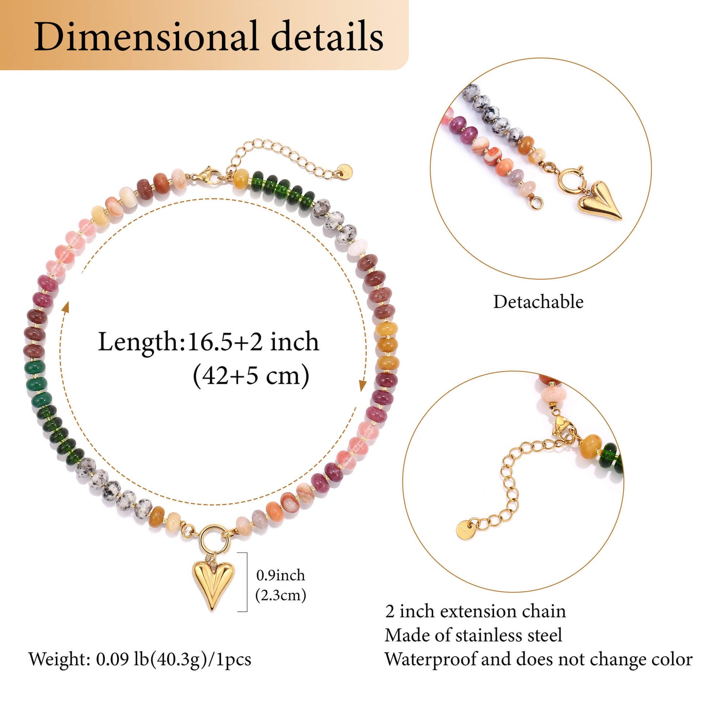 Rainbow Natural Stone Beaded Choker - Detachable Gold Heart Pendant