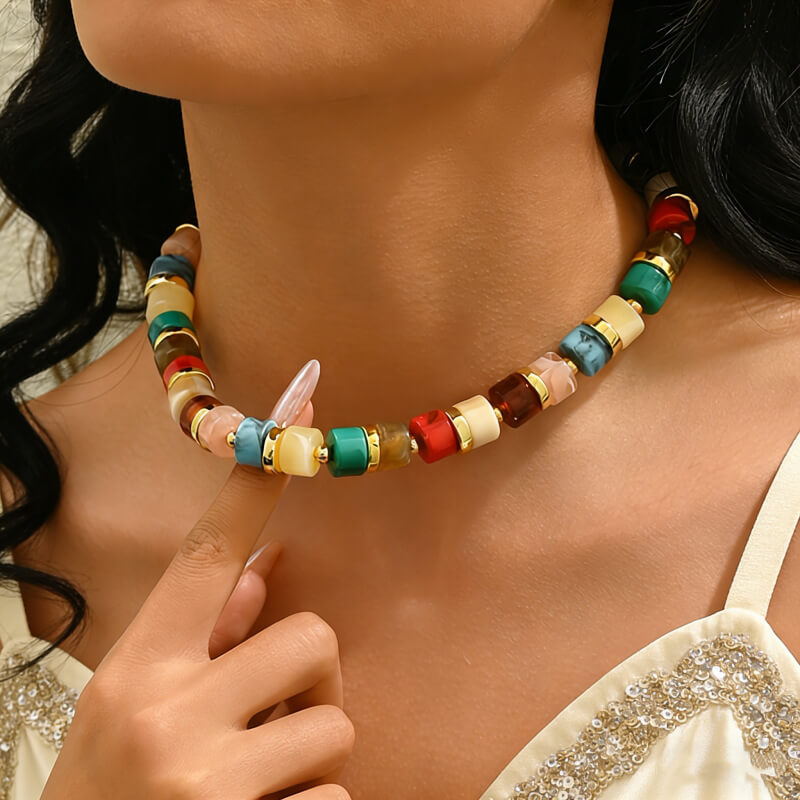 Colorful Bohemian Geometric Resin Beaded Choker Necklace