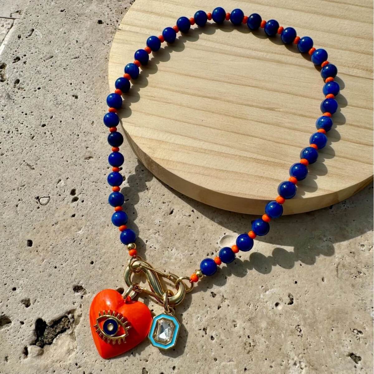 Blue-Orange Beaded Choker Heart Pendant  Necklace