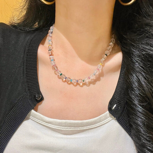 Natural Clear Quartz Rainbow Spacer Bead Adjustable Choker Necklace