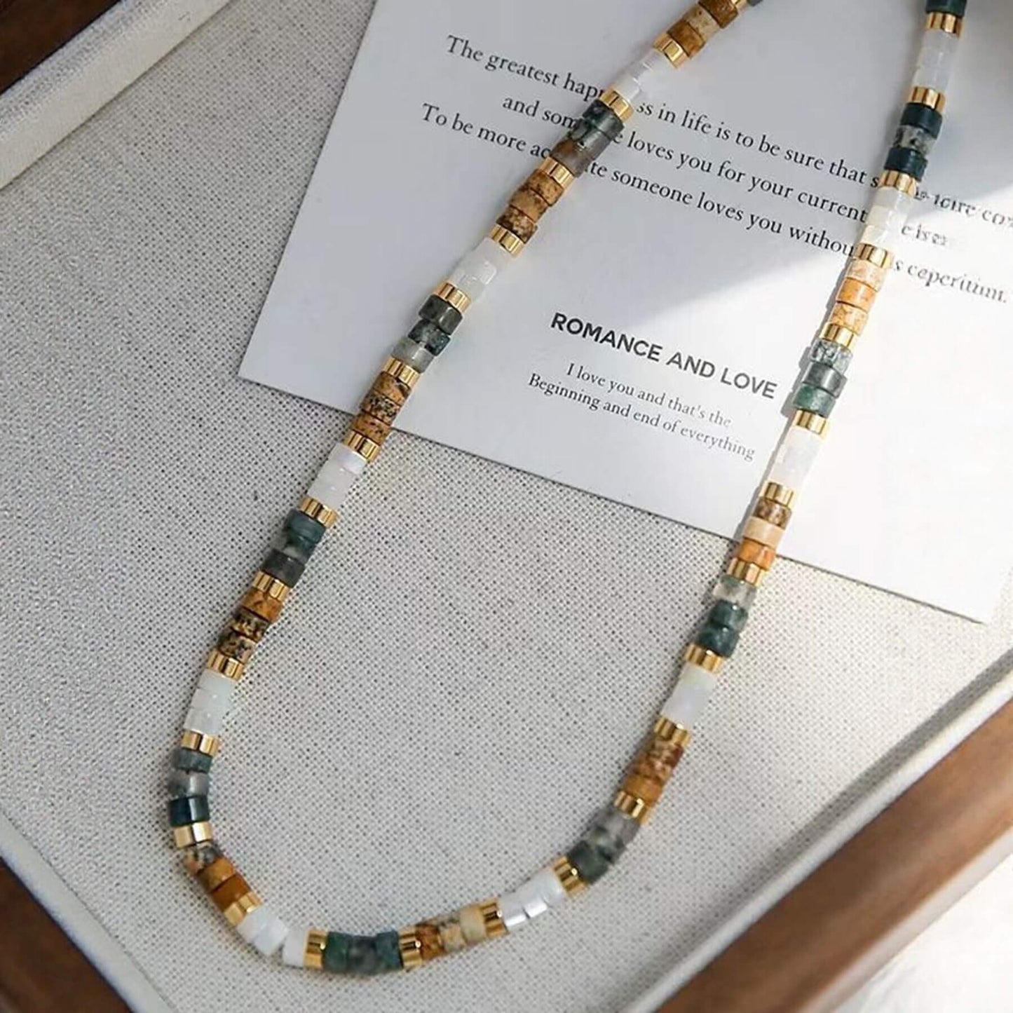 Earthy Natural Stone Beaded Choker - Square Gold Spacer Necklace - Boho Clavicle Chain