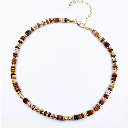 Sunset Disc Beaded Choker Necklace | Natural Stone & Gold-Tone Choker for Retro Chic Vibes