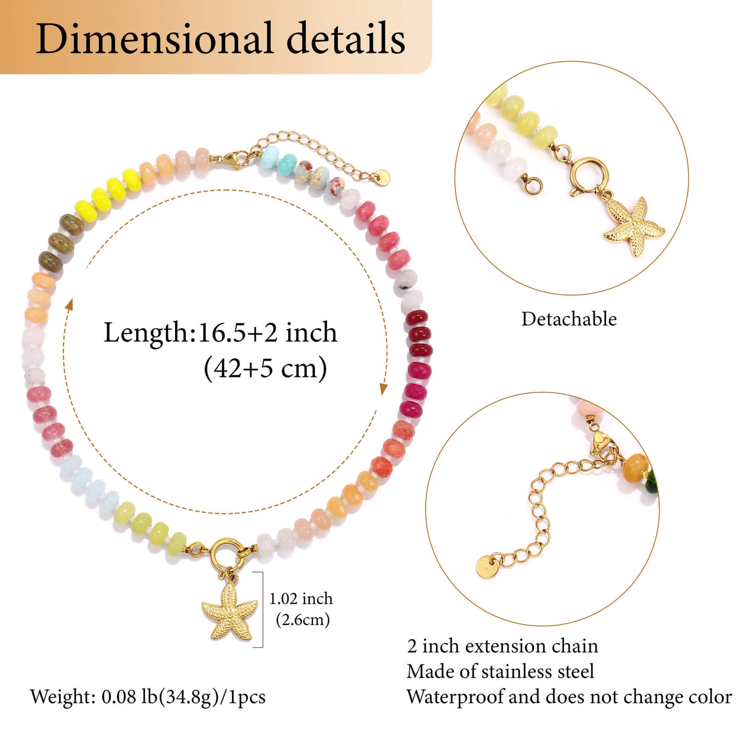 Rainbow Natural Stone Starfish Choker - Waterproof Stainless Steel Summer Necklace - Detachable Charm