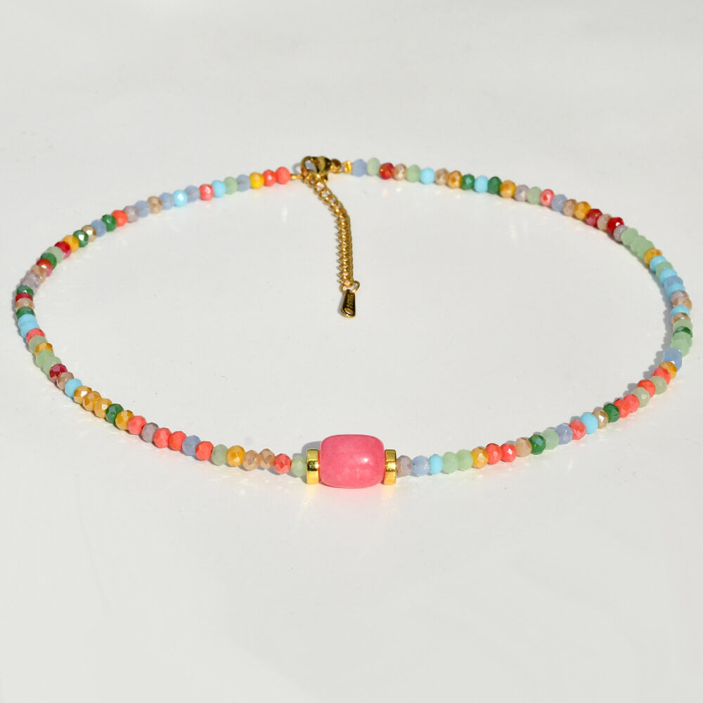 Rainbow Summer Natural Stone Choker – Colorful Beaded Necklace with Pink Gemstone Centerpiece, Gold Tone Clavicle Chain