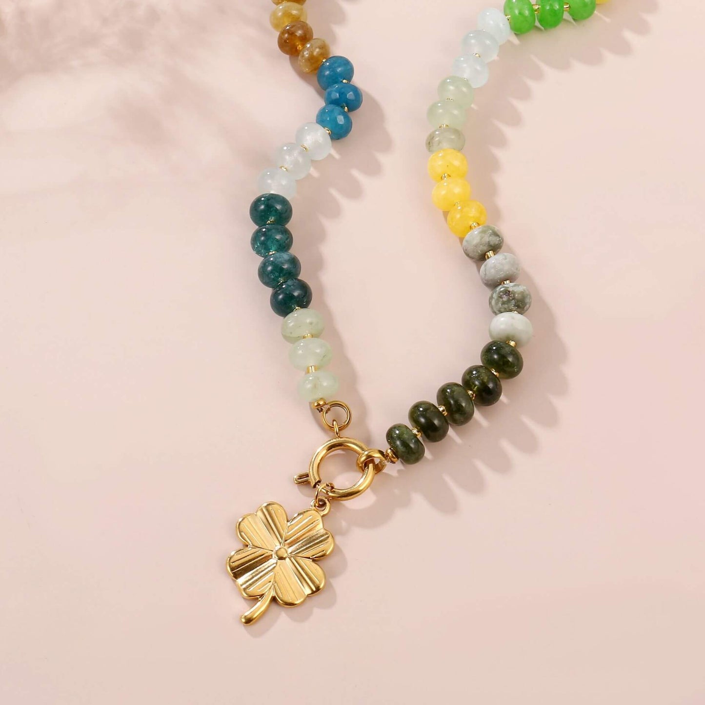 Natural Stone Beaded Necklace - Detachable Clover Pendant Choker - Non-Tarnish Summer Clavicle Chain