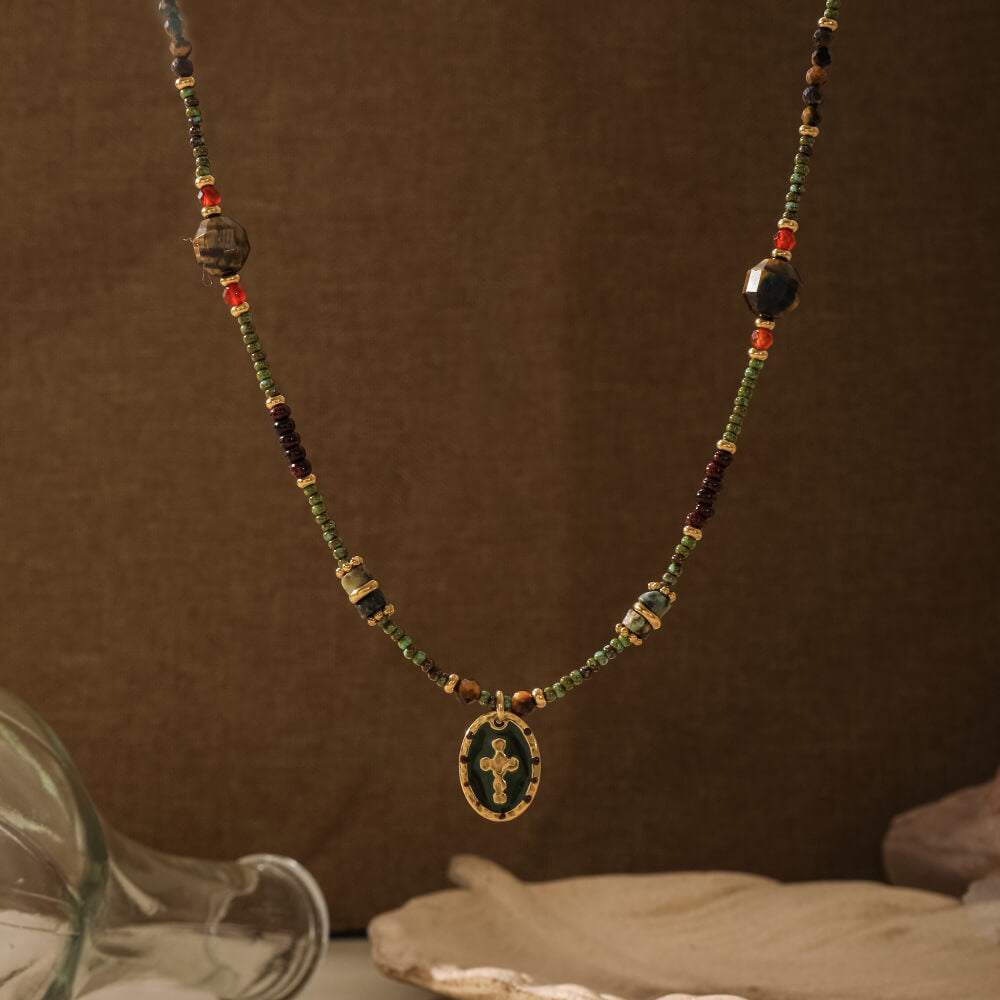 Vintage-Style Natural Stone Necklace with Cross Pendant