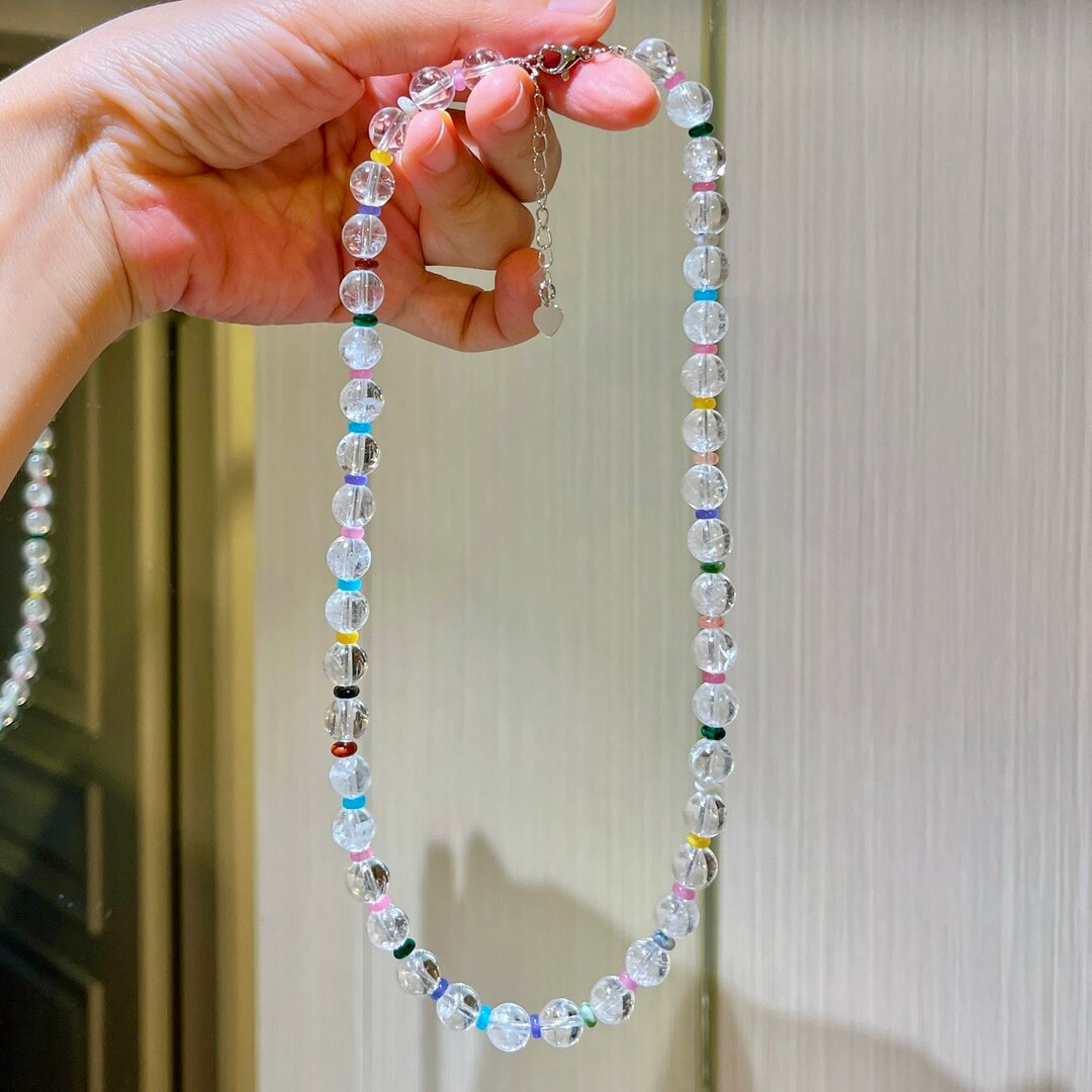 Natural Clear Quartz Rainbow Spacer Bead Adjustable Choker Necklace