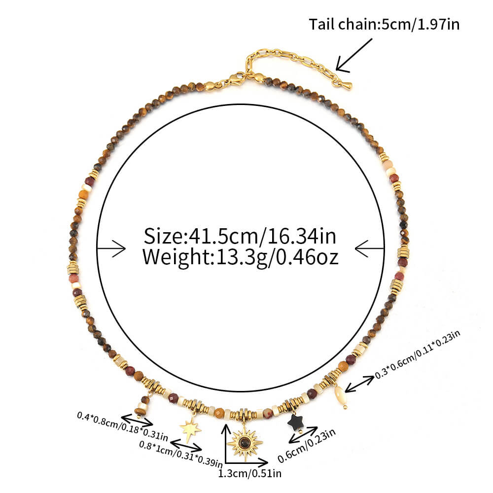 Natural Stone Beaded Choker Necklace with Sun & Star Charms - Earthy Boho Elegance