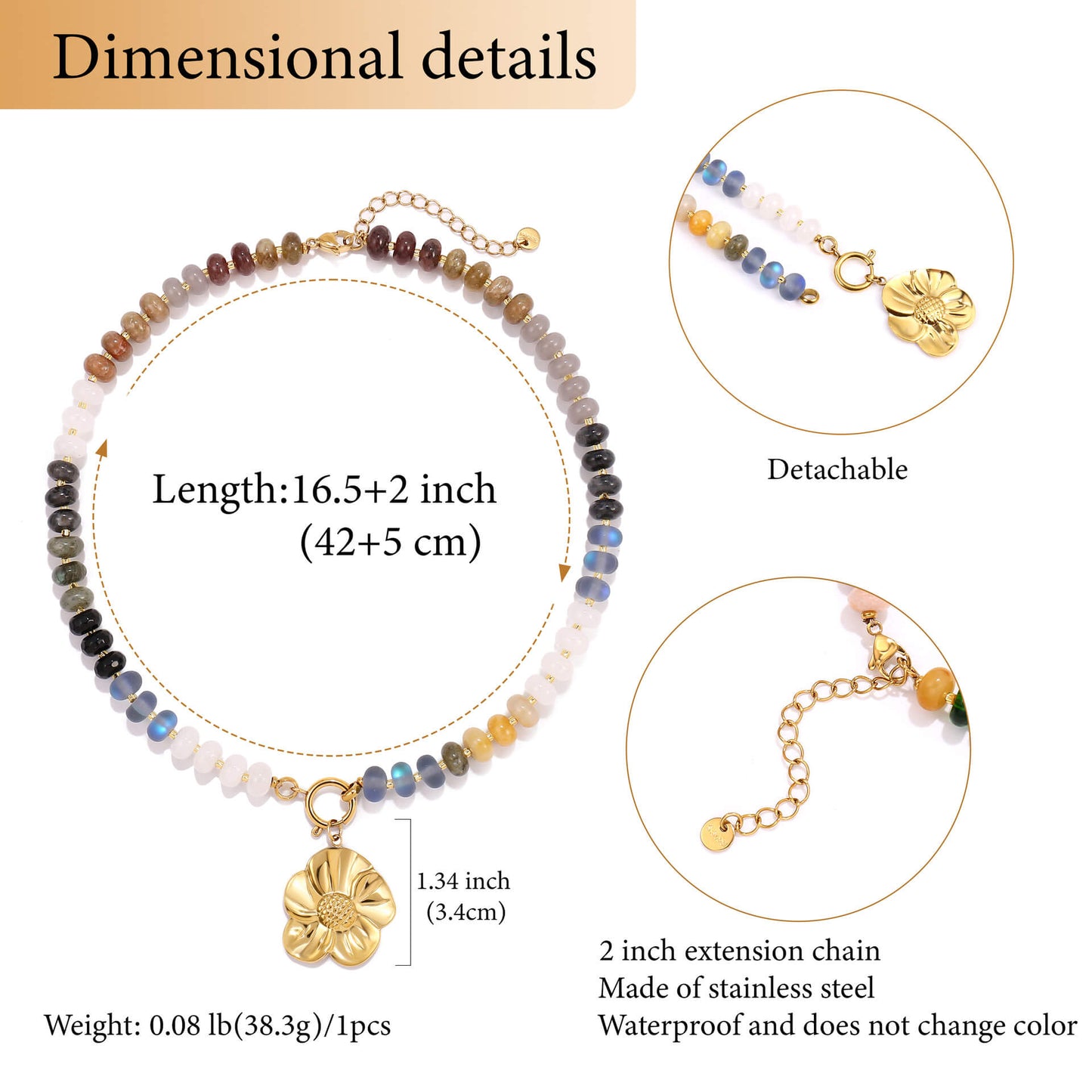 Earth Tone Natural Stone Beaded Choker - Detachable Gold Flower Pendant - Summer Necklace