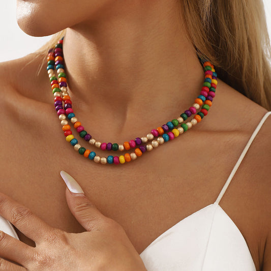 Bohemian Rainbow Wood Bead Choker - Summer Multi-Color Natural Wooden Bead Necklace