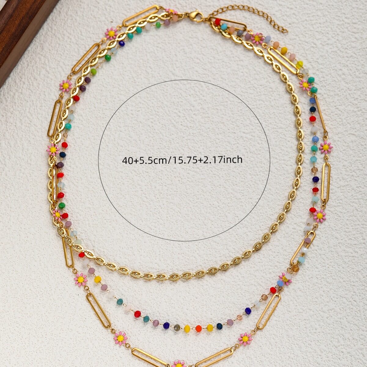 Multi-Layer Colorful Beaded Choker Necklace | Gold-Tone Chain with Daisy & Resin Beads for Sweet Retro Vibes