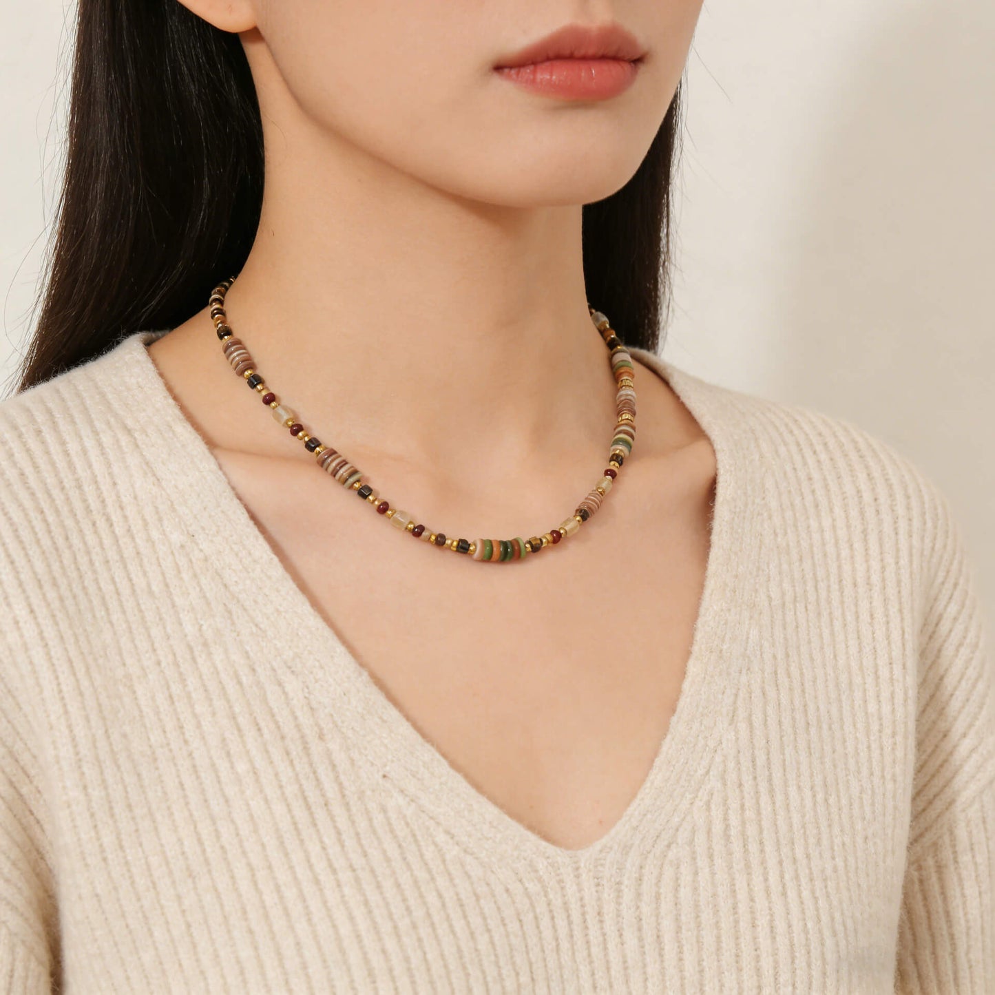 Multi-Color Natural Stone Beaded Choker Necklace