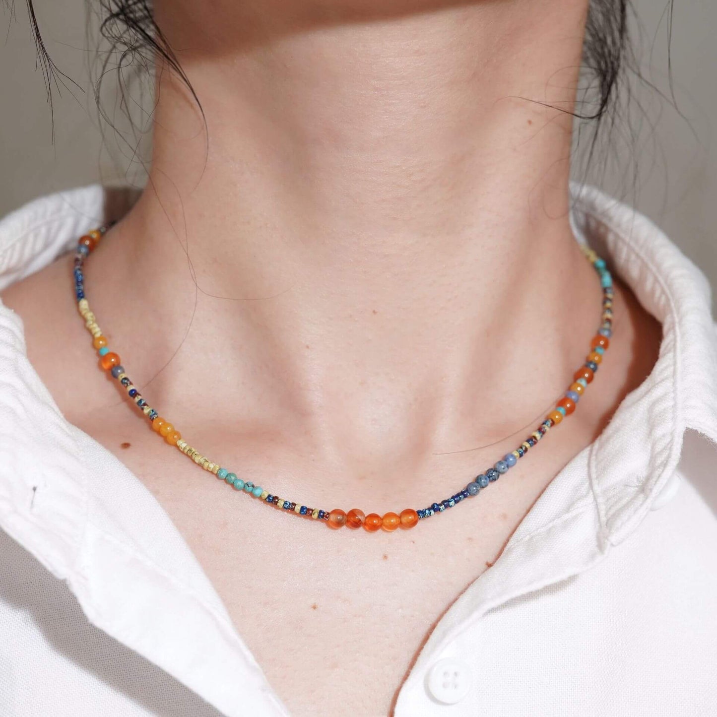 Artsy Vintage Natural Stone Necklace - Turquoise, Yellow Jade & Agate Clavicle Chain