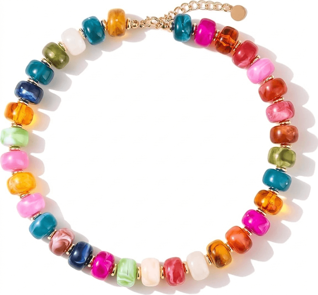 Boho Rainbow Cylinder Bead Choker Necklace for Women - Colorful Candy Resin Statement Jewelry