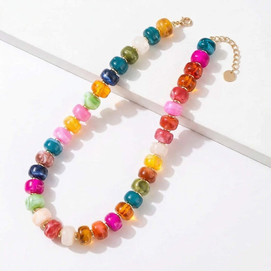 Boho Rainbow Cylinder Bead Choker Necklace for Women - Colorful Candy Resin Statement Jewelry