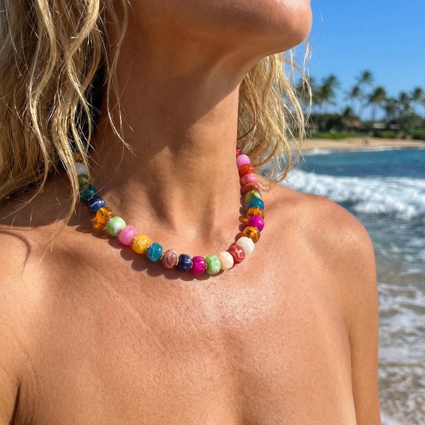 Boho Rainbow Cylinder Bead Choker Necklace for Women - Colorful Candy Resin Statement Jewelry